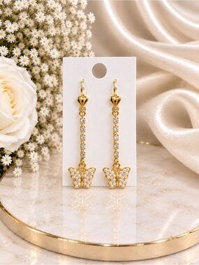 Gold Pearl Butterfly Drop Earrings by